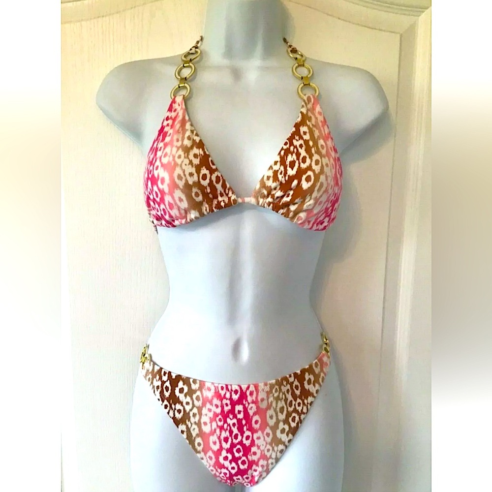 New Victoria Secret s Bikini Triangle Animal Cheetah leopard Gold Metal sexy